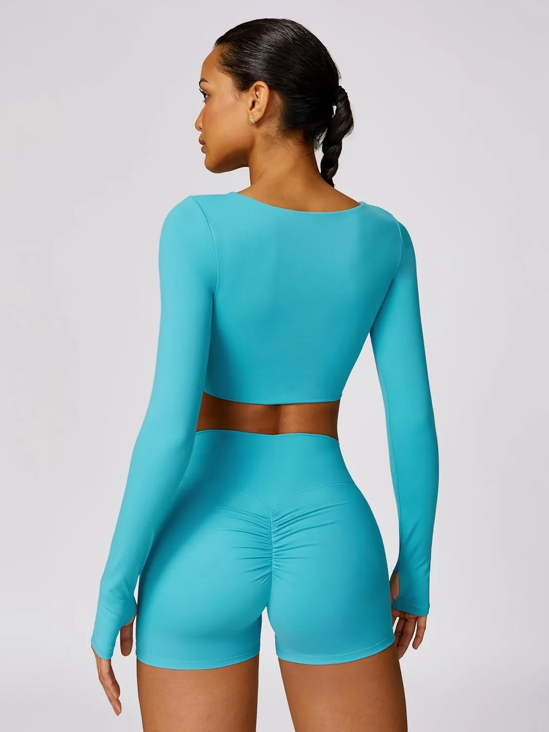 ABOCIW Workout Sets for Women 2 Piece Square Neck Long Sleeve Crop Tops High Waist Biker Shorts Gym Sets