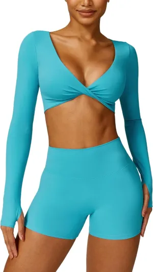 ABOCIW Workout Sets for Women 2 Piece Square Neck Long Sleeve Crop Tops High Waist Biker Shorts Gym Sets