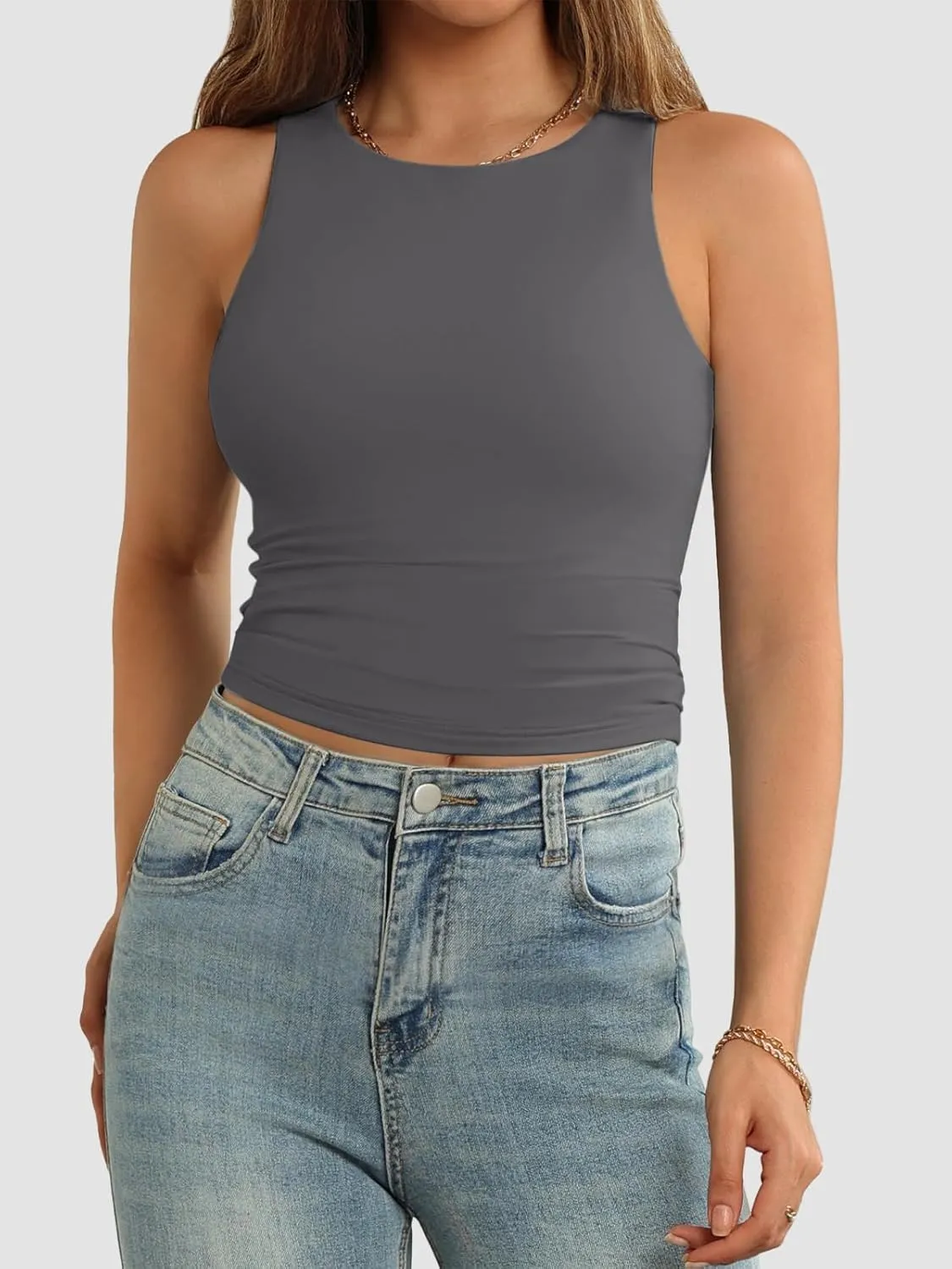 ATHMILE Womens Double Lined Crop Tank Tops Casual Basic Shirts Sleeveless Workout Tops Cute Summer Clothes Teen Girls