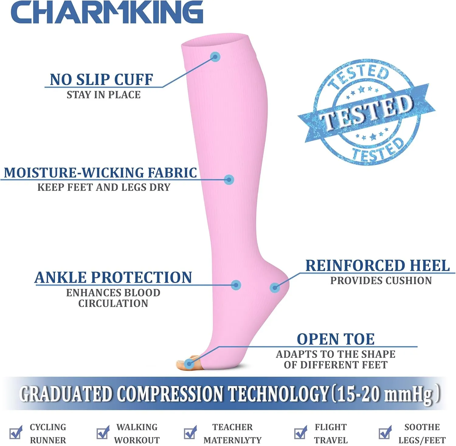 CHARMKING 3 Pairs Open Toe Compression Socks for Women & Men Circulation 15-20 mmHg is Best Support for All Day Wear