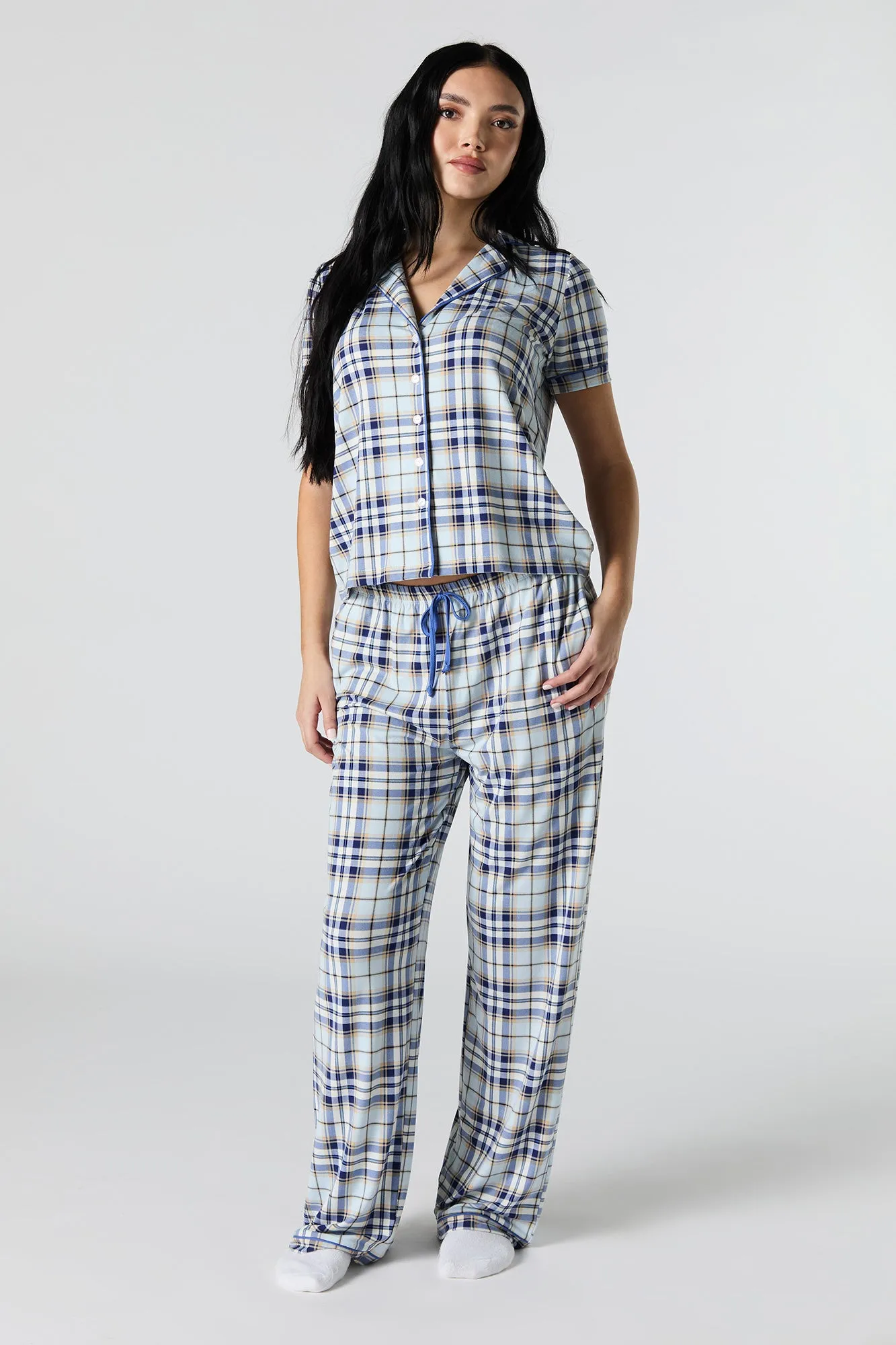Collared Button-Up Top & Pant 2 Piece Pajama Set