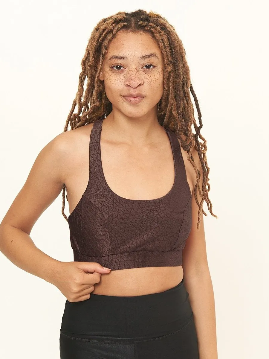 Cross Back Performance Bra Top- Bark Cube Pattern