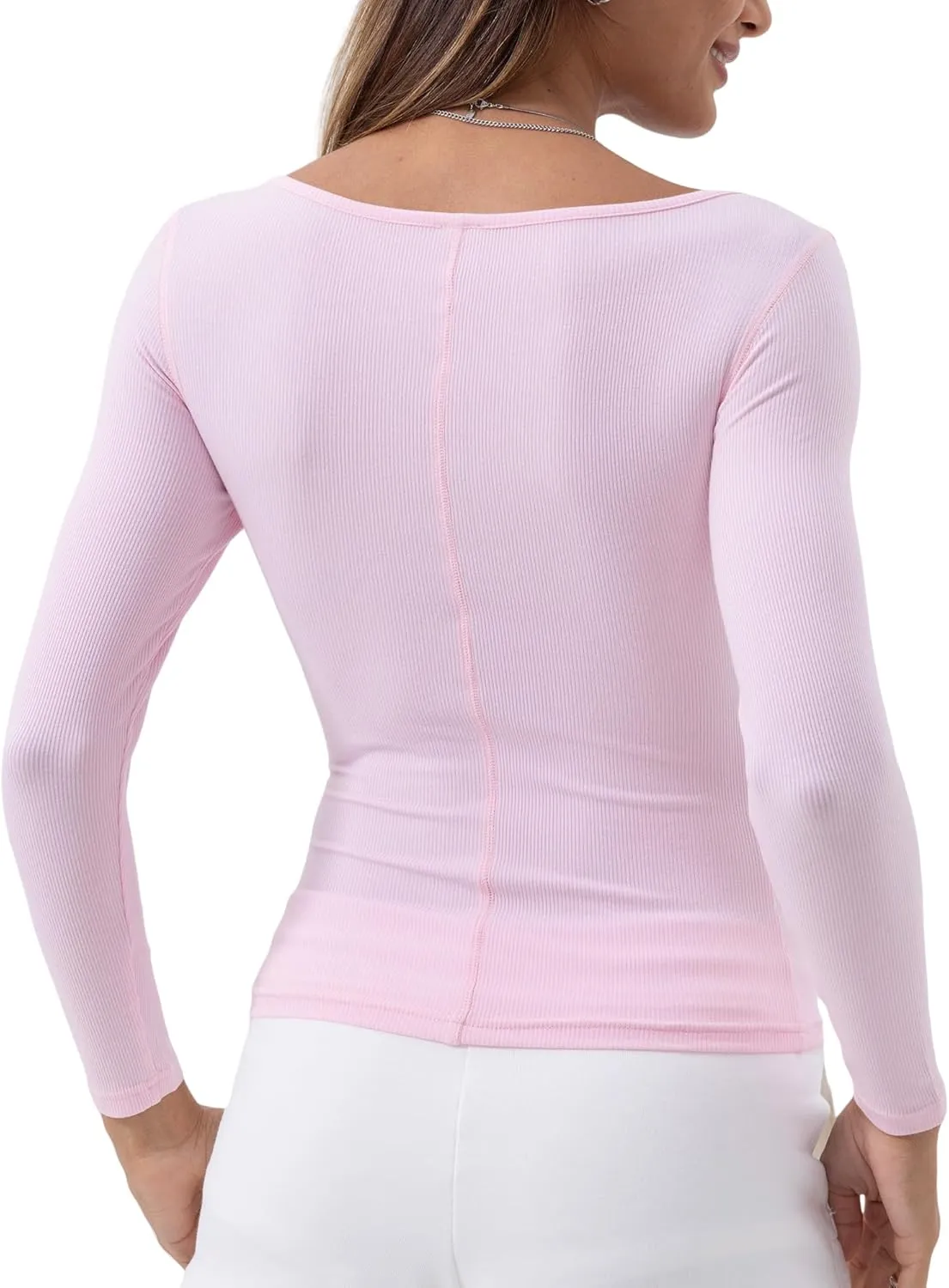 Danysu Women's Ribbed Long Sleeve Going Out Top Twist Front Sweetheart V Neckline Shirts Built-in Bra Slim Fit Tops Tee