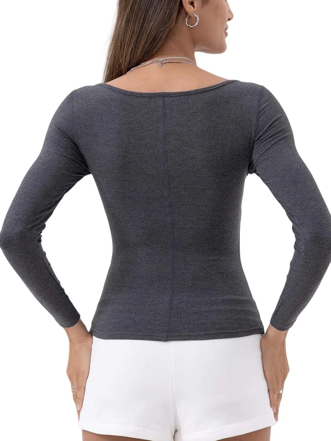 Danysu Women's Ribbed Long Sleeve Going Out Top Twist Front Sweetheart V Neckline Shirts Built-in Bra Slim Fit Tops Tee