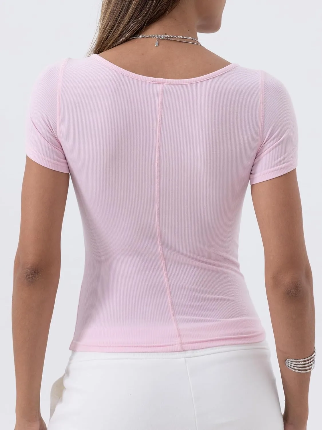Danysu Women's Ribbed Short Sleeve Going Out Top Twist Front Sweetheart V Neckline Shirts Built-in Bra Slim Fit Tops Tee