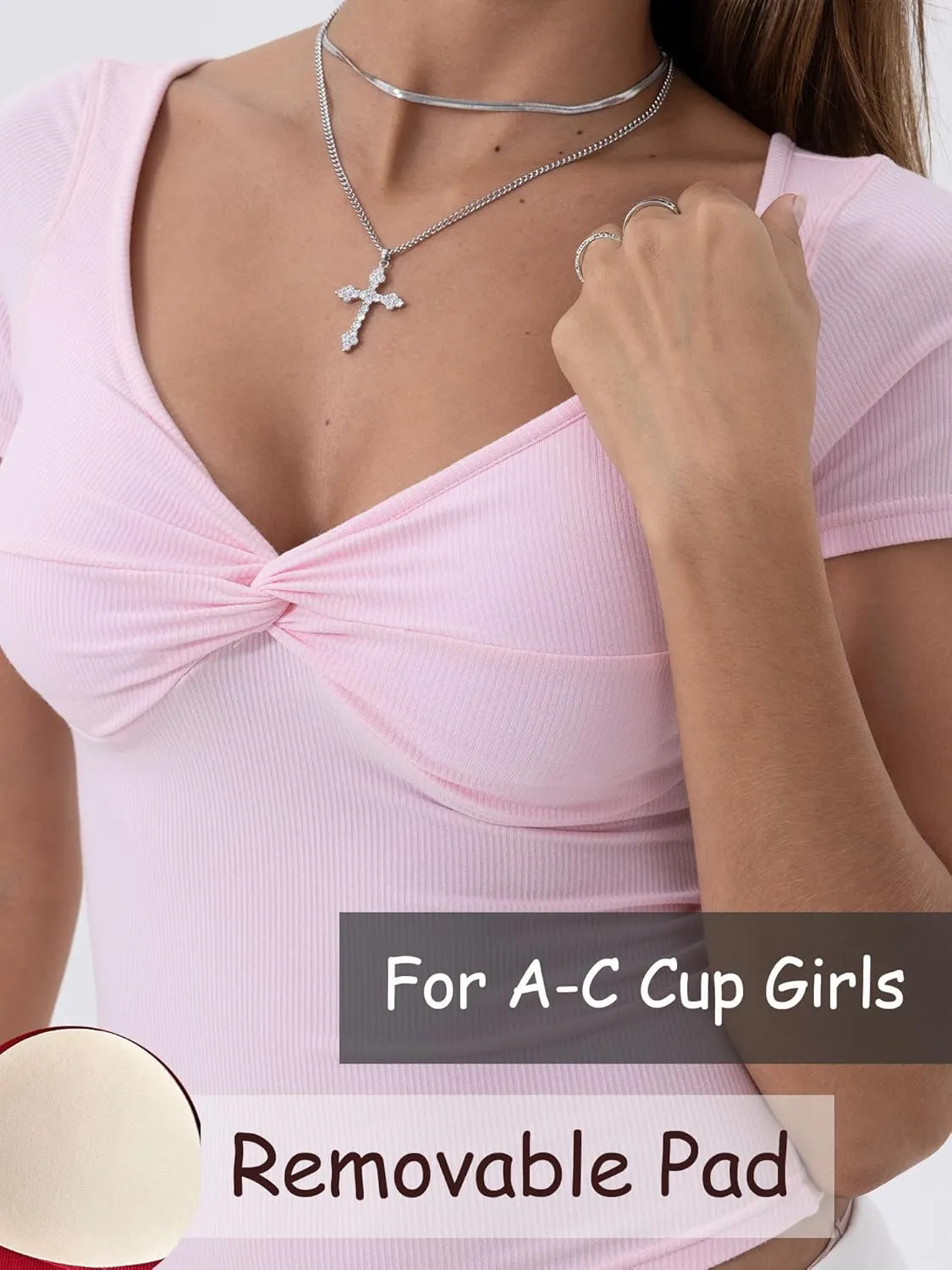 Danysu Women's Ribbed Short Sleeve Going Out Top Twist Front Sweetheart V Neckline Shirts Built-in Bra Slim Fit Tops Tee
