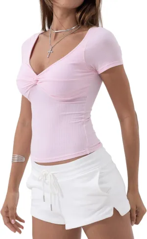Danysu Women's Ribbed Short Sleeve Going Out Top Twist Front Sweetheart V Neckline Shirts Built-in Bra Slim Fit Tops Tee