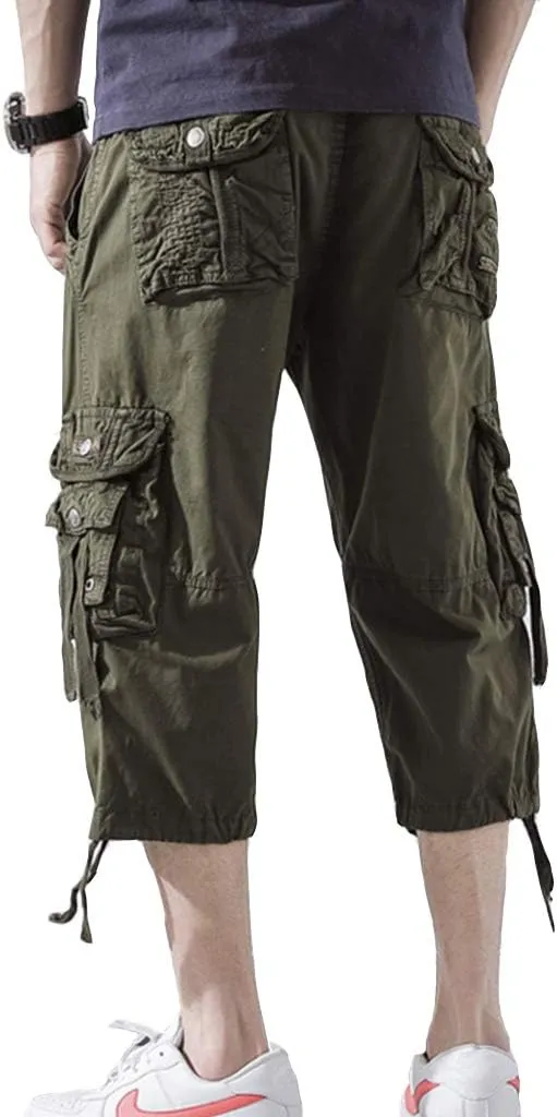 DONGD Mens Cargo Shorts Cotton 3/4 Loose Fit Below Knee Capri Cargo Short