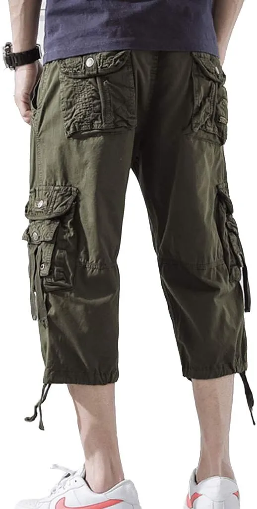 DONGD Mens Cargo Shorts Cotton 3/4 Loose Fit Below Knee Capri Cargo Short