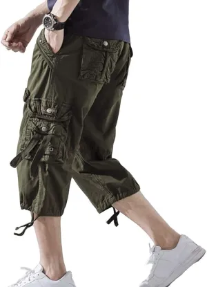 DONGD Mens Cargo Shorts Cotton 3/4 Loose Fit Below Knee Capri Cargo Short