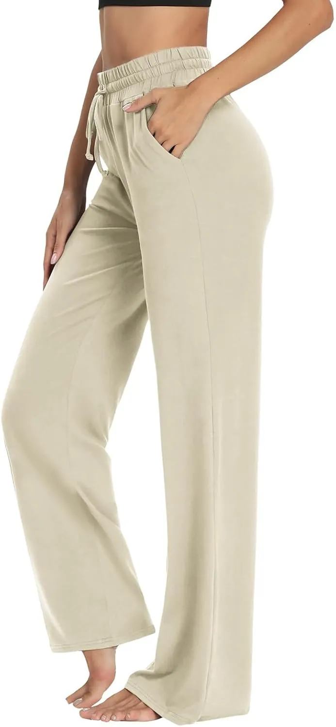 fanmpghleoo Wide Leg Yoga Pants for Women Baggy High Waisted Trousers Lightweight Sweatpants Comfy Lounge Pants with Pockets