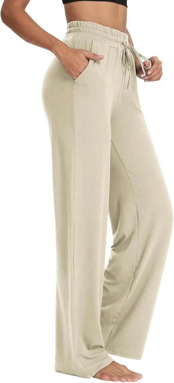 fanmpghleoo Wide Leg Yoga Pants for Women Baggy High Waisted Trousers Lightweight Sweatpants Comfy Lounge Pants with Pockets