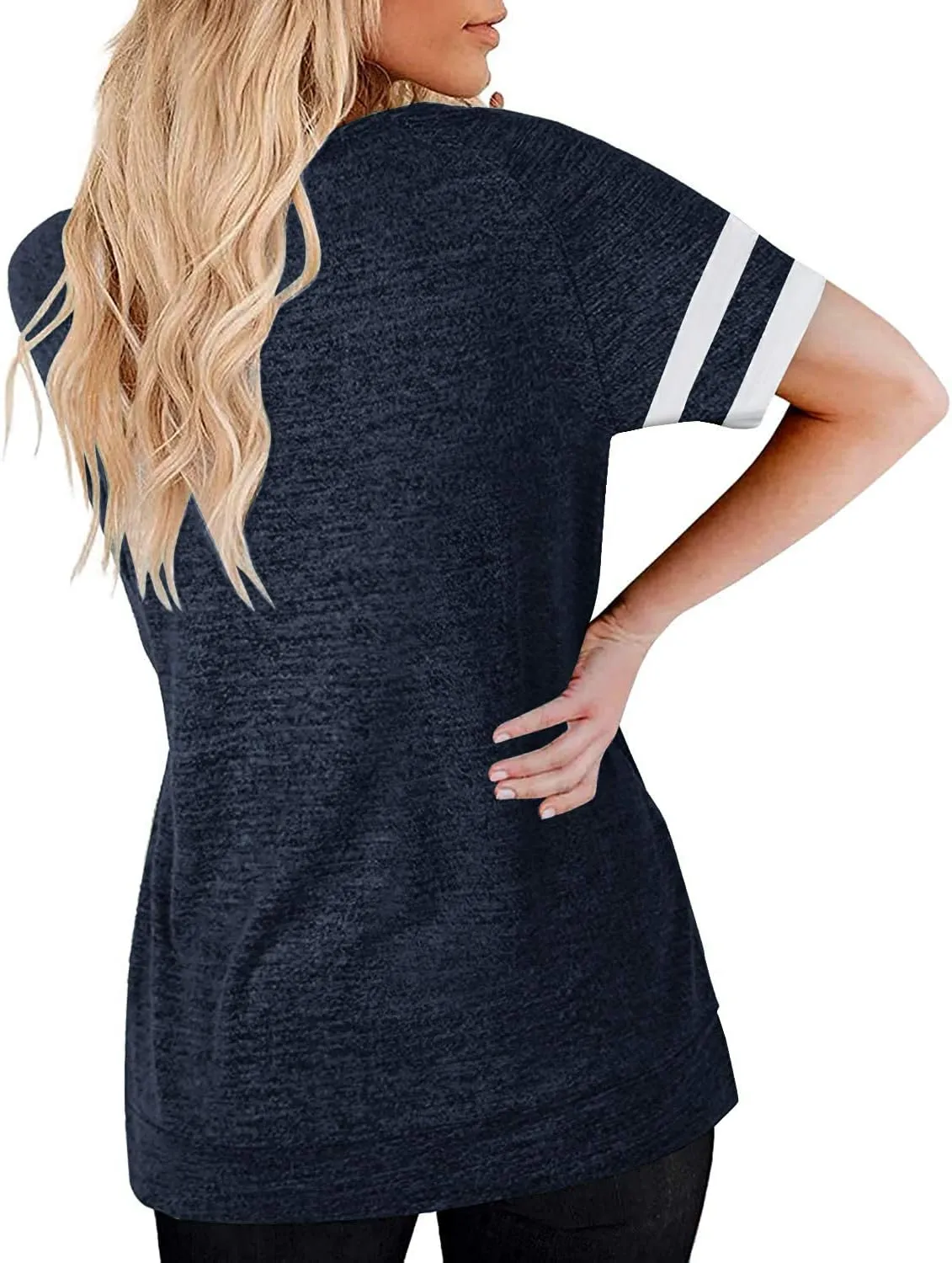 MaQiYa Womens V Neck Basic Tops Color Block Tunic T Shirts Summer Short Sleeve Casual Cotton Tees Shirts