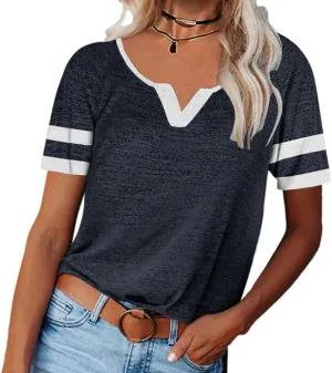 MaQiYa Womens V Neck Basic Tops Color Block Tunic T Shirts Summer Short Sleeve Casual Cotton Tees Shirts