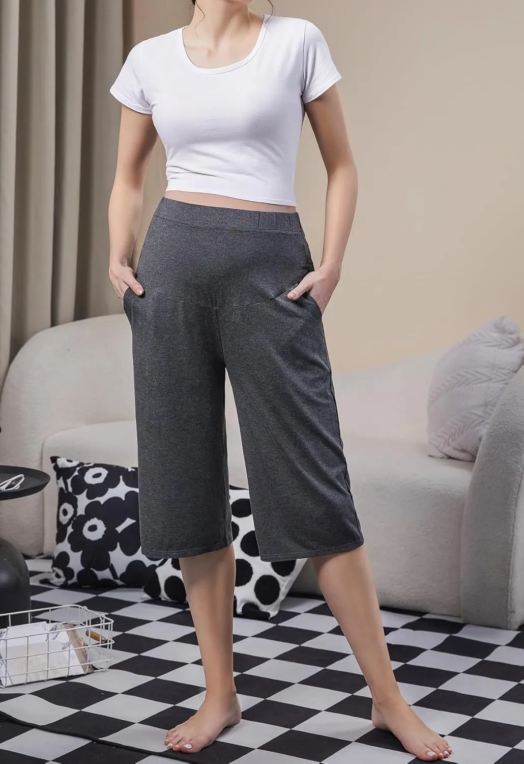 Maternity Lounge Capri Pants, Maternity Cropped Capri Pregnancy, Light Relaxed Soft Touch Trousers with Pockets