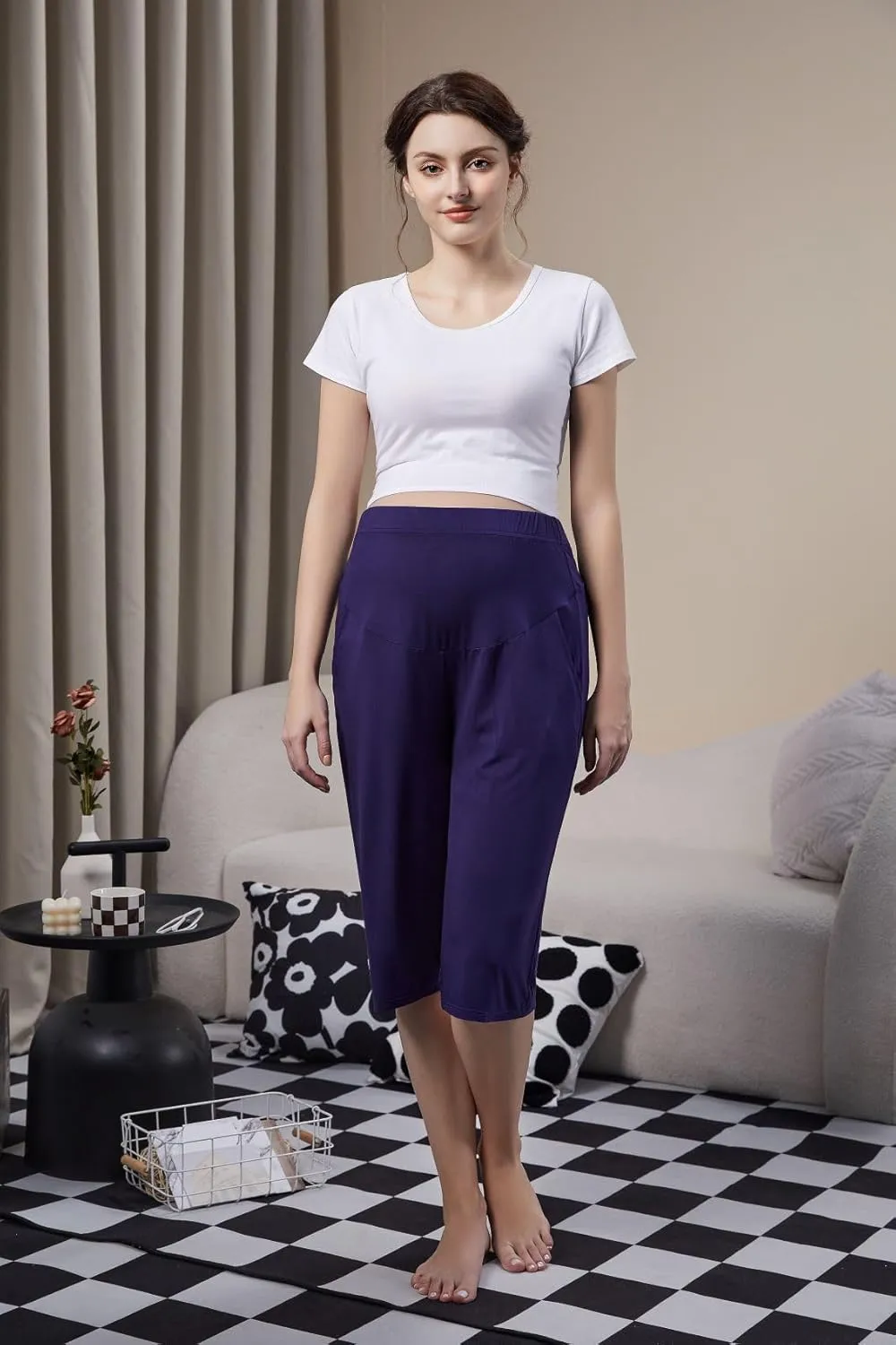 Maternity Lounge Capri Pants, Maternity Cropped Capri Pregnancy, Light Relaxed Soft Touch Trousers with Pockets