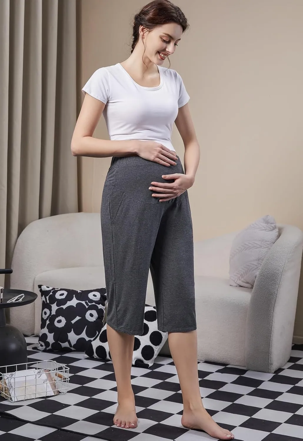 Maternity Lounge Capri Pants, Maternity Cropped Capri Pregnancy, Light Relaxed Soft Touch Trousers with Pockets