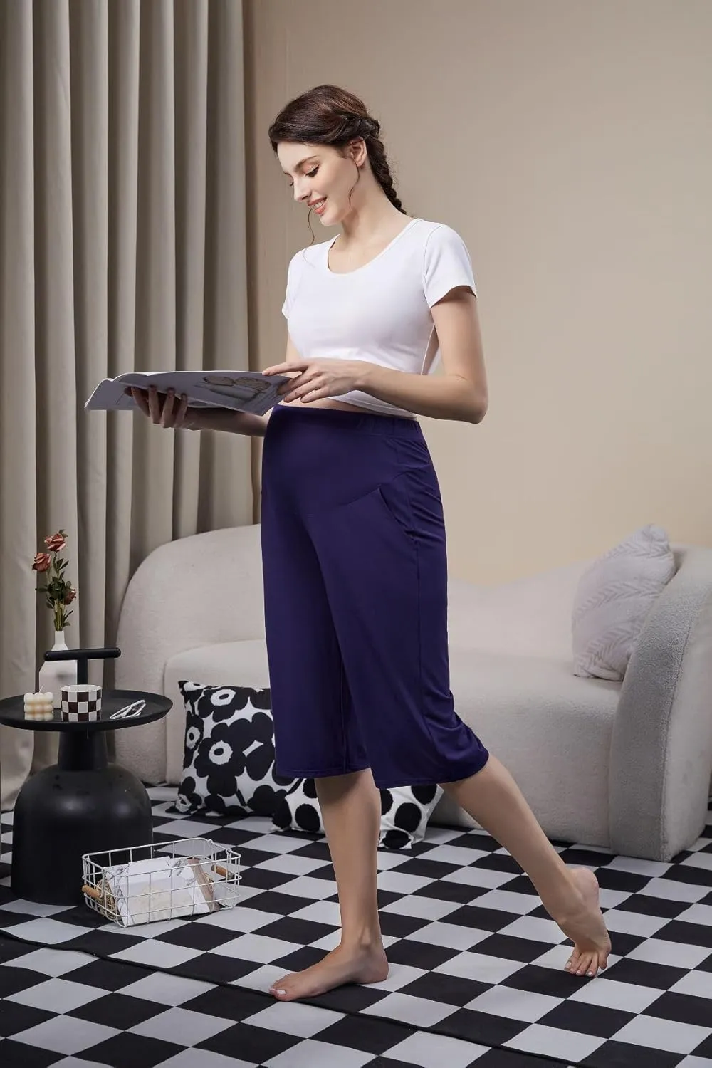 Maternity Lounge Capri Pants, Maternity Cropped Capri Pregnancy, Light Relaxed Soft Touch Trousers with Pockets
