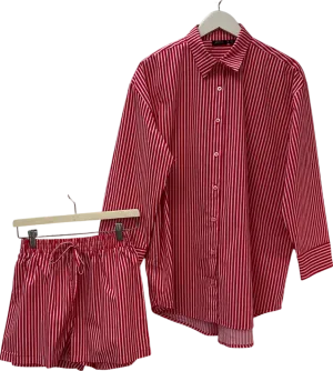 Nasty Gal Red Cotton Stripe Multiwear Pajama Shirt And Shorts Set UK 6