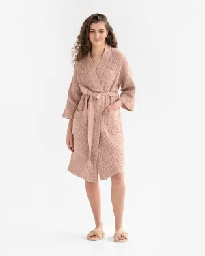Peach Short waffle linen robe