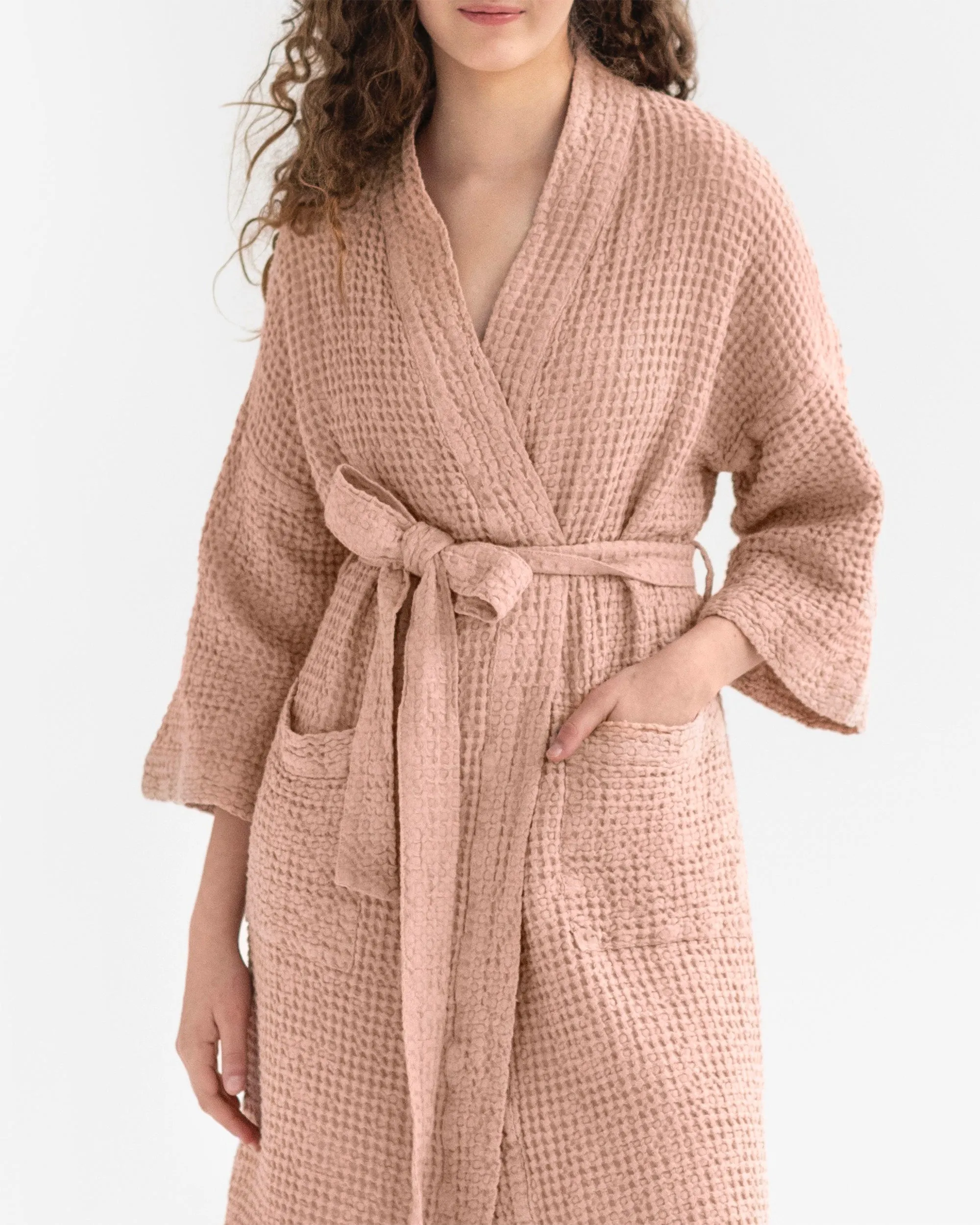 Peach Short waffle linen robe