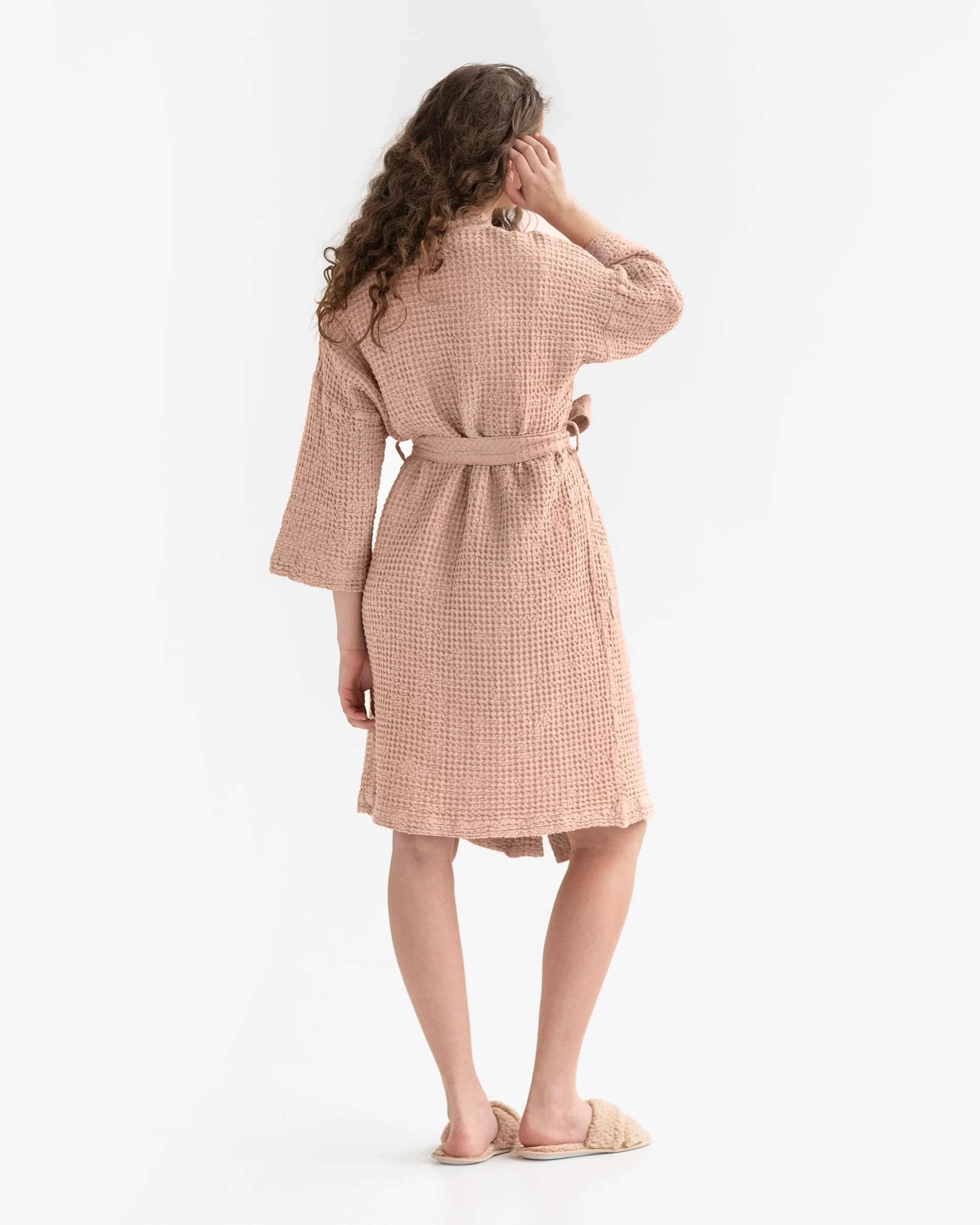Peach Short waffle linen robe