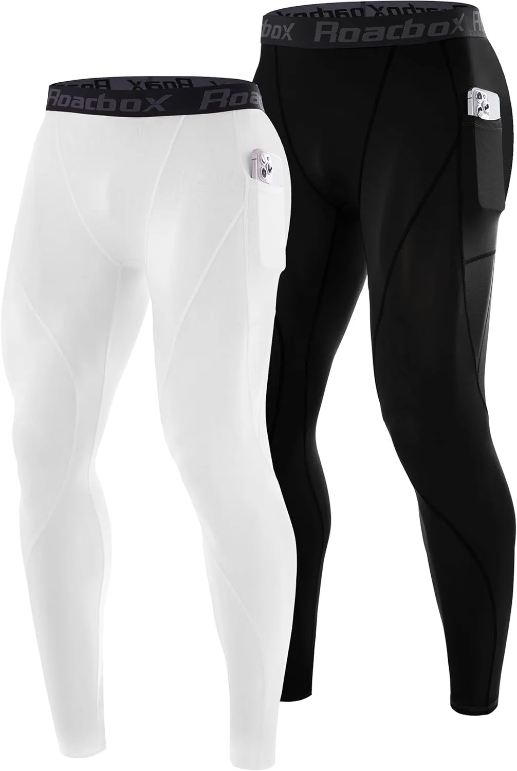 Roadbox 1 or 2 Pack Compression Pants Men, Running Workout Leggings with Pockets, Gym Basketball Athletic Tights Base Layer