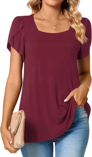 TAOHUADAO Womens 2025 Summer Casual T-Shirts Square Neck Petal Short Sleeve Tunic Tops