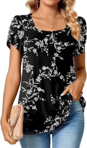 TAOHUADAO Womens 2025 Summer Casual T-Shirts Square Neck Petal Short Sleeve Tunic Tops