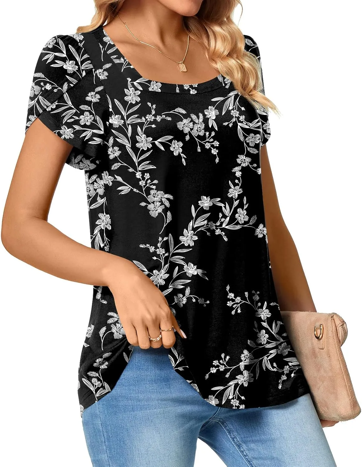 TAOHUADAO Womens 2025 Summer Casual T-Shirts Square Neck Petal Short Sleeve Tunic Tops