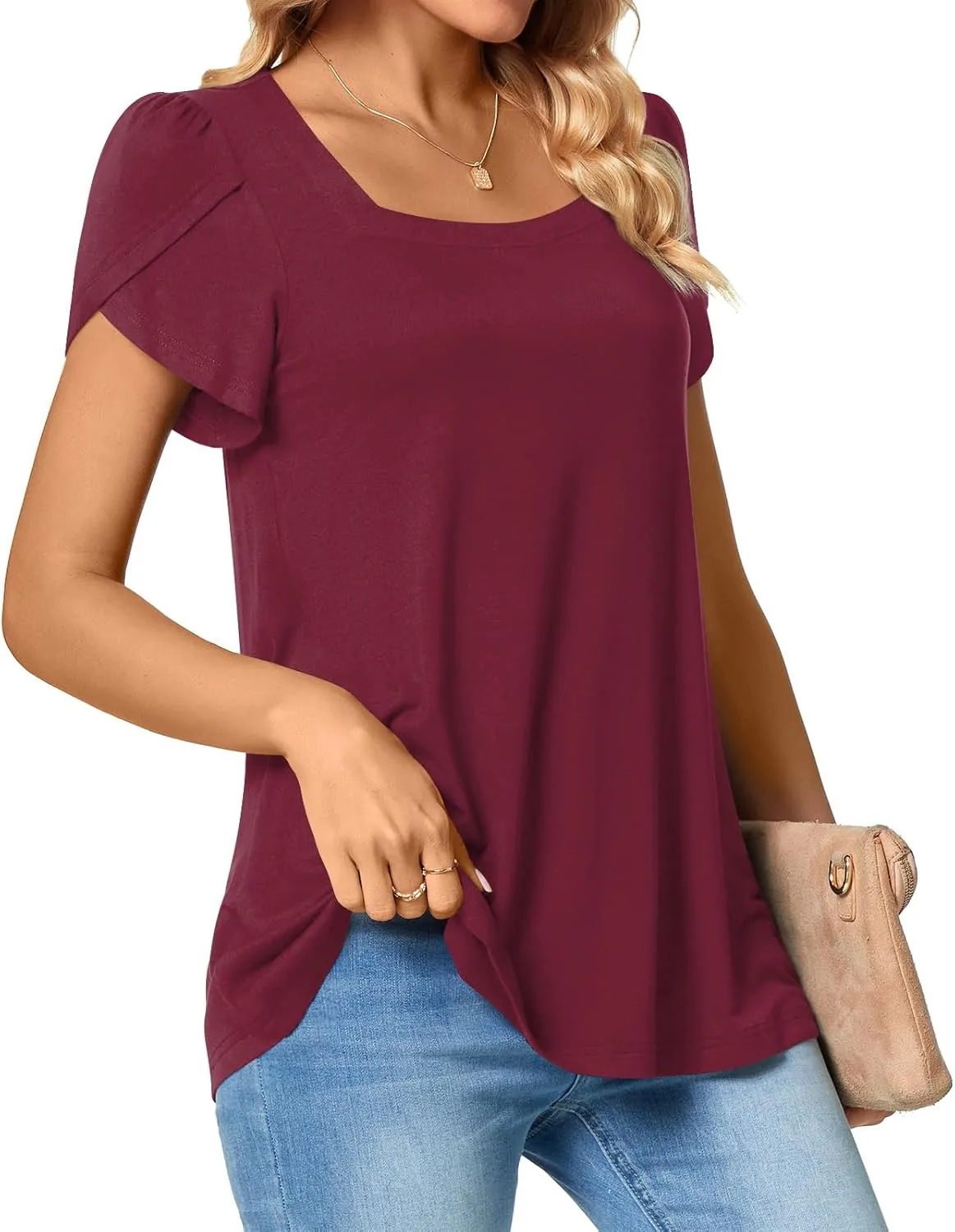 TAOHUADAO Womens 2025 Summer Casual T-Shirts Square Neck Petal Short Sleeve Tunic Tops