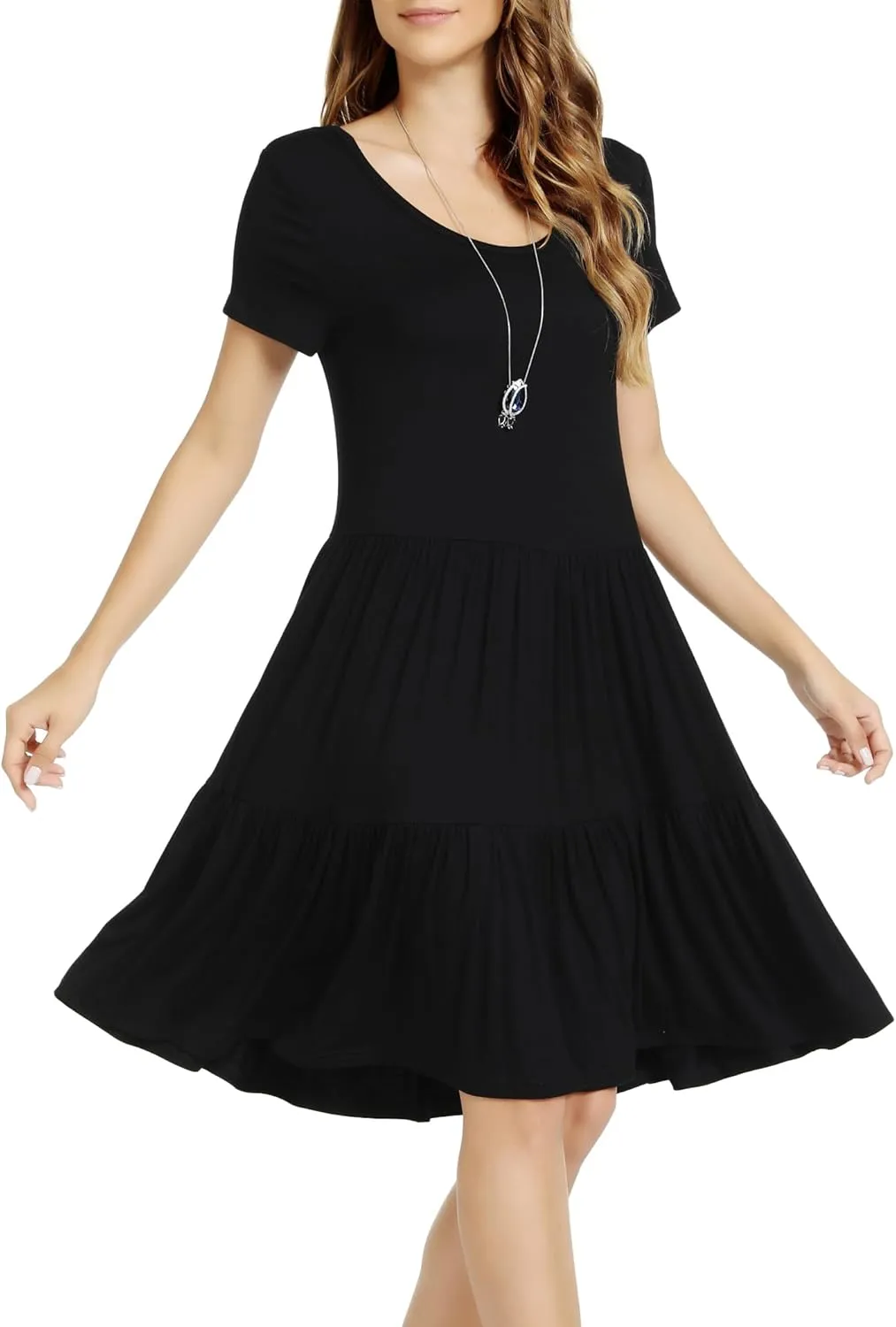 Women Casual Loose Soft Crewneck Short Sleeve Pockets Swing T-Shirt Dress