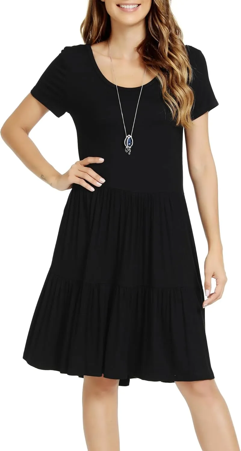 Women Casual Loose Soft Crewneck Short Sleeve Pockets Swing T-Shirt Dress