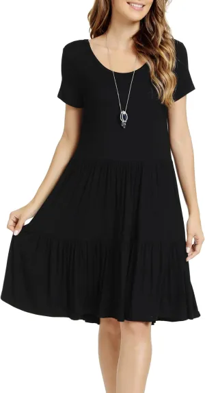 Women Casual Loose Soft Crewneck Short Sleeve Pockets Swing T-Shirt Dress