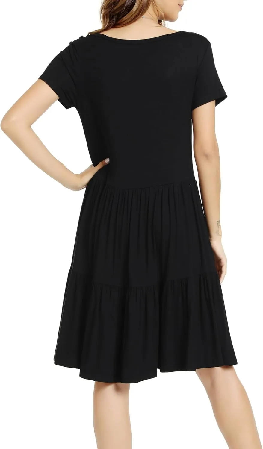 Women Casual Loose Soft Crewneck Short Sleeve Pockets Swing T-Shirt Dress