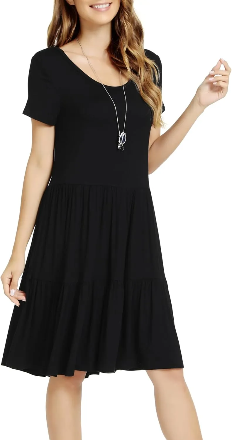 Women Casual Loose Soft Crewneck Short Sleeve Pockets Swing T-Shirt Dress