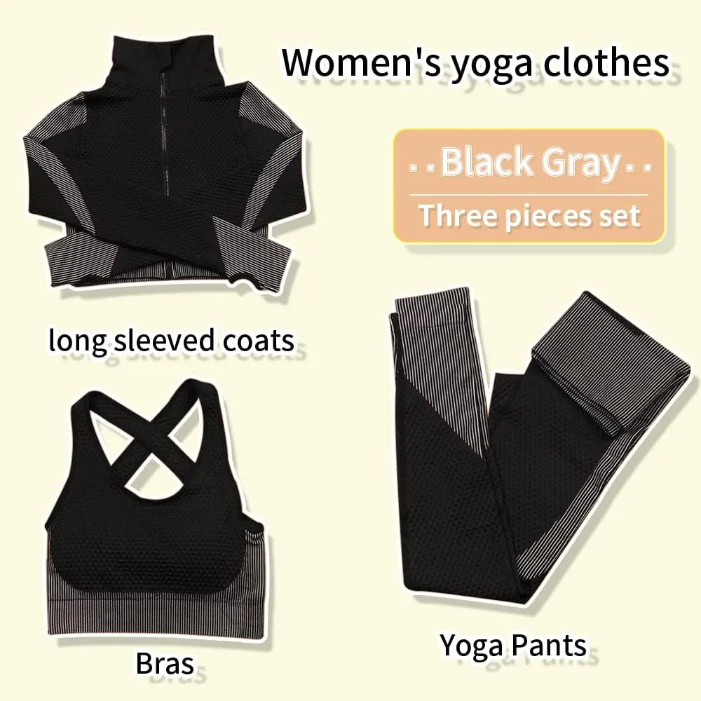 Women's 3pcs Seamless Workout Outfits Sets, Yoga Sportswear Tracksuit Leggings and Stretch Sports Bra Fitness