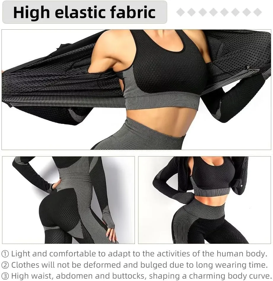 Women's 3pcs Seamless Workout Outfits Sets, Yoga Sportswear Tracksuit Leggings and Stretch Sports Bra Fitness