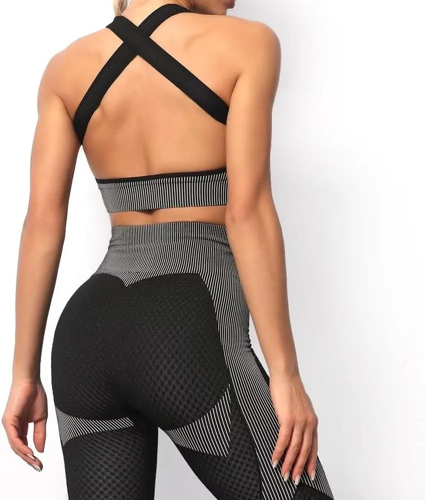 Women's 3pcs Seamless Workout Outfits Sets, Yoga Sportswear Tracksuit Leggings and Stretch Sports Bra Fitness