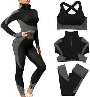 Women's 3pcs Seamless Workout Outfits Sets, Yoga Sportswear Tracksuit Leggings and Stretch Sports Bra Fitness