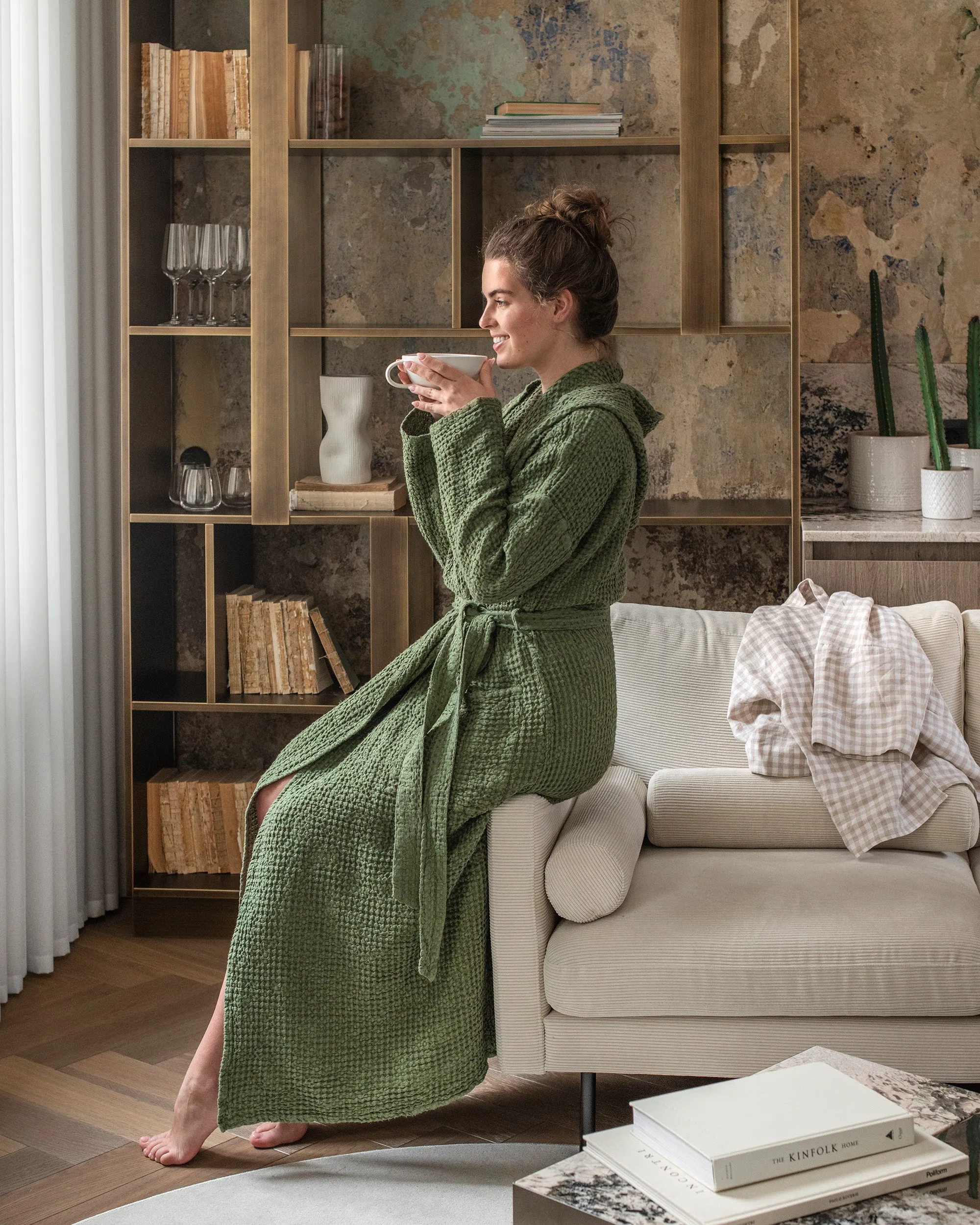 Women's waffle robe in Forest green