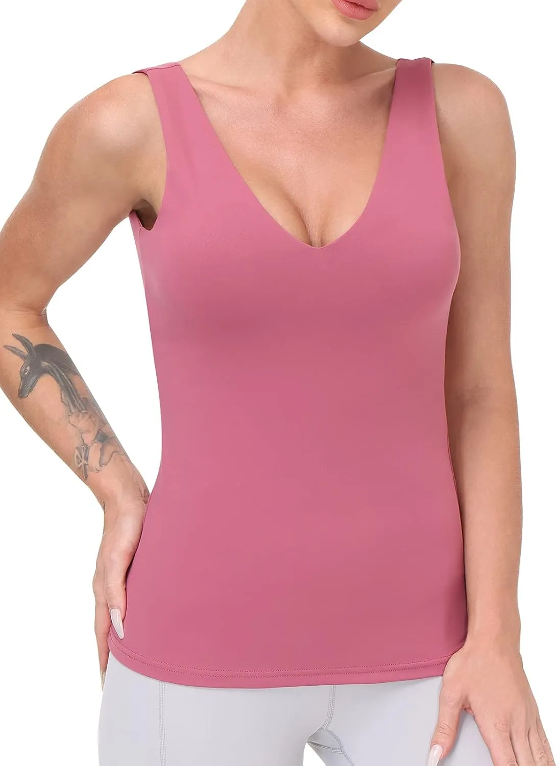 Workout Tops for Women Yoga Tank Tops with Built in Bra Wirefree Padded Yoga Bras Gym Running Athletic Shirt V-Neck Camisole