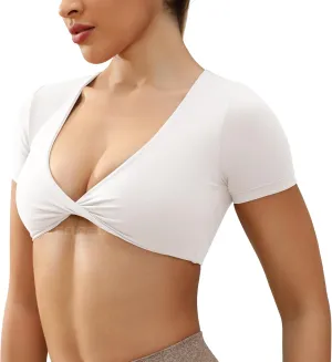 YEOREO Kyla Workout Crop Tops for Women Short Sleeve Twist Front Crop Tank Top Padded Sports Bra Casual Shirts