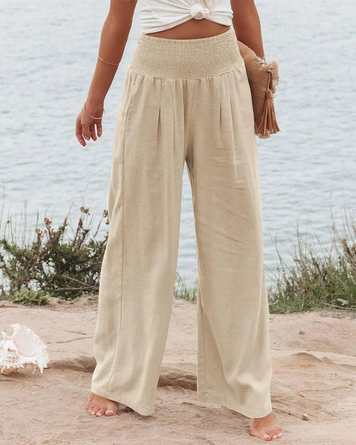 ZWRXW Linen Pants Women Summer High Waisted Wide Leg Pants Casual Lounge Pant Business Work Pants Comfy Lightweight Trousers