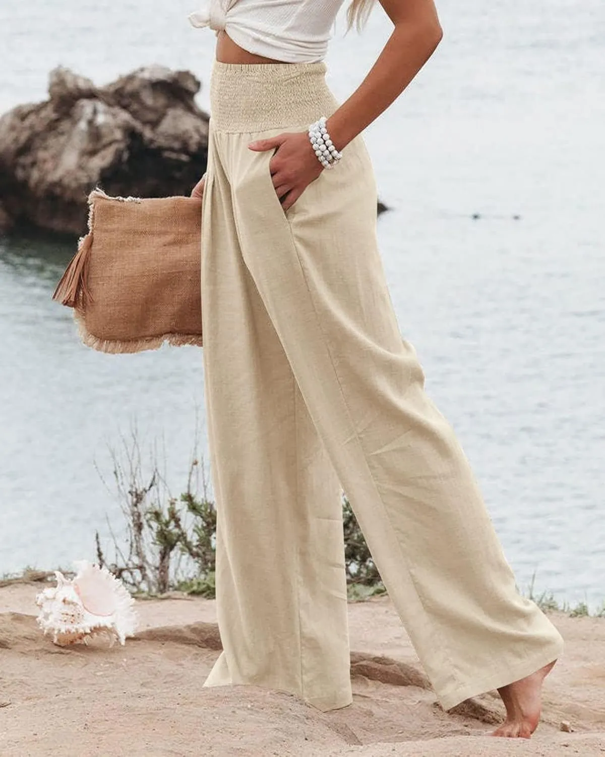 ZWRXW Linen Pants Women Summer High Waisted Wide Leg Pants Casual Lounge Pant Business Work Pants Comfy Lightweight Trousers